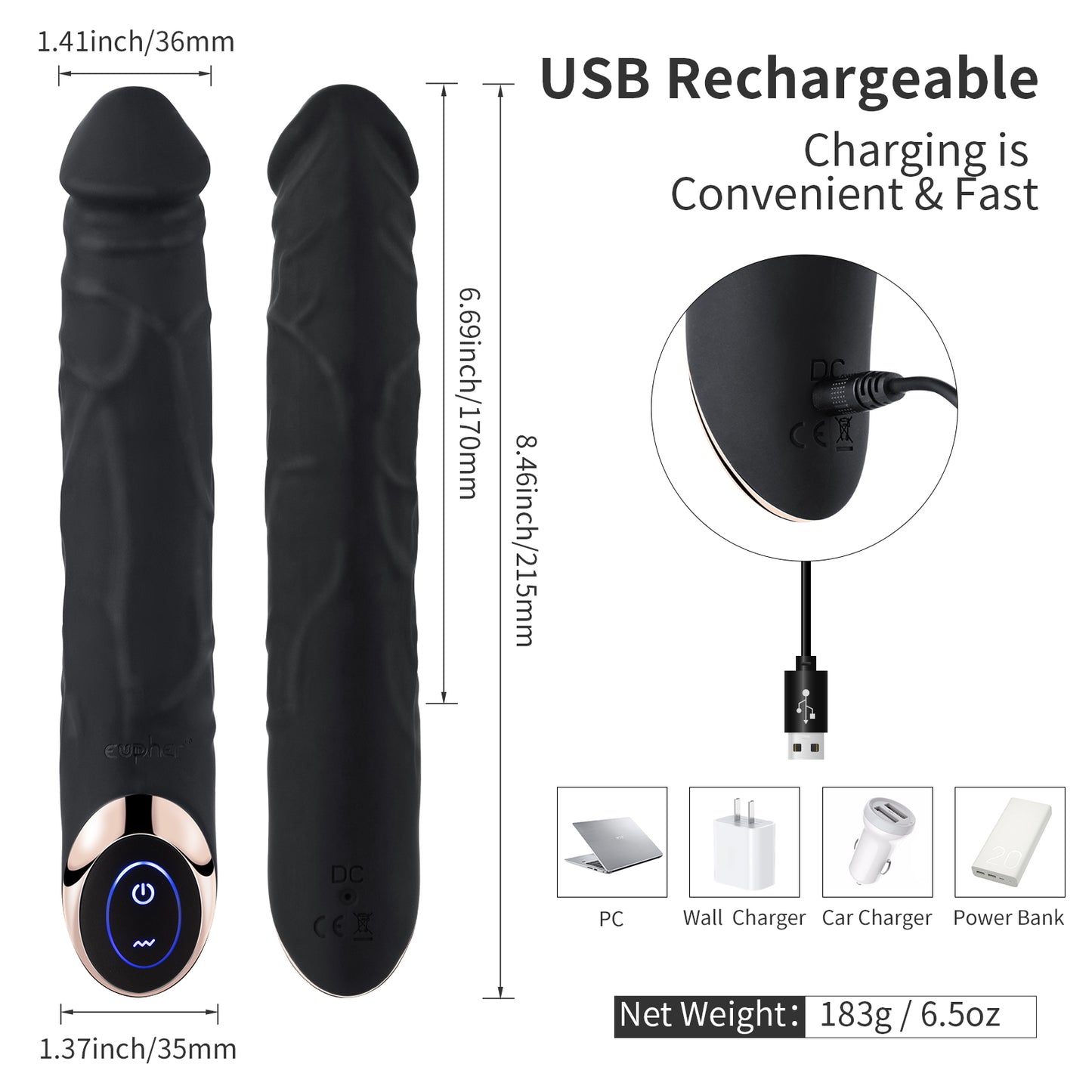 8.5" Rechargeable G Spot Vibrator Black